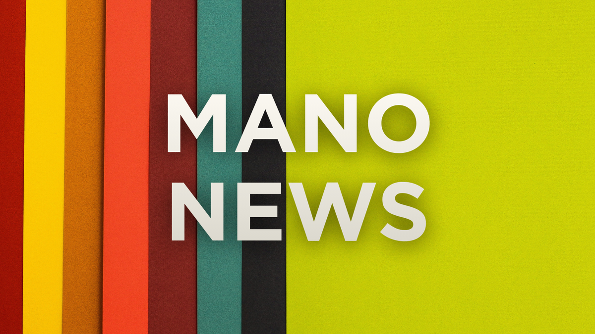 Text reading MANO News against a background of red, blue, black and green stripes.