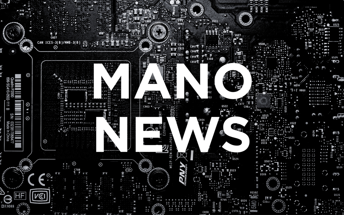 The words MANO NEWS on a black and white image of a circuit board.